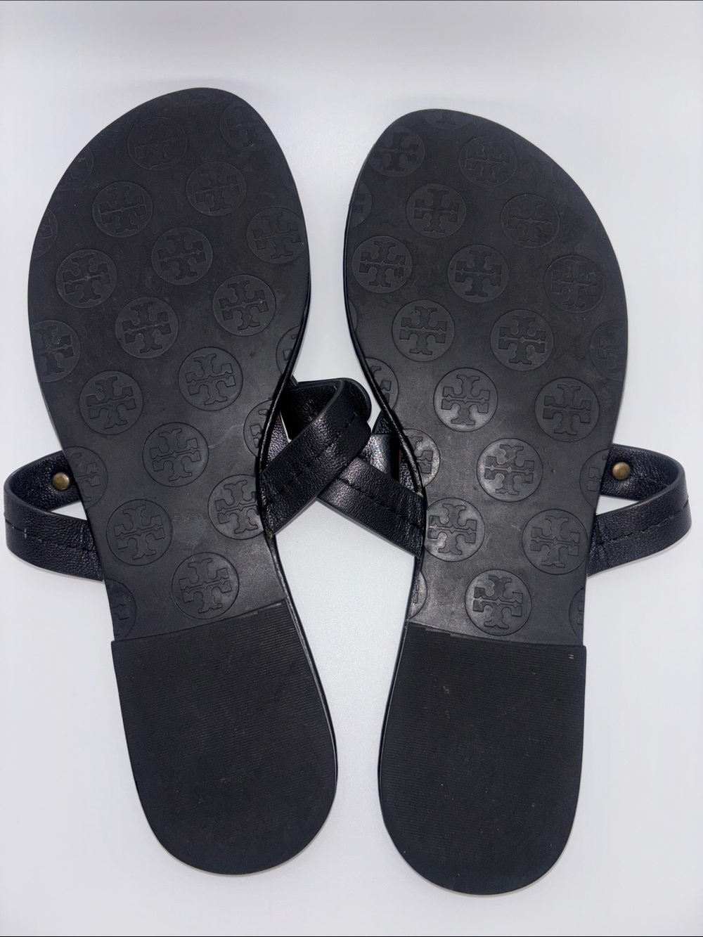 Tory Burch Miller Black Leather Logo Thong Sandals with Gold Accents - Picture 8 of 10